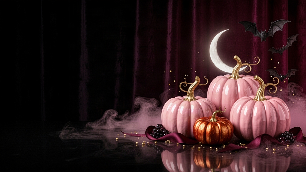 Glossy pink and copper pumpkins with gold stems, bats and a crescent moon against a dark plum backdrop