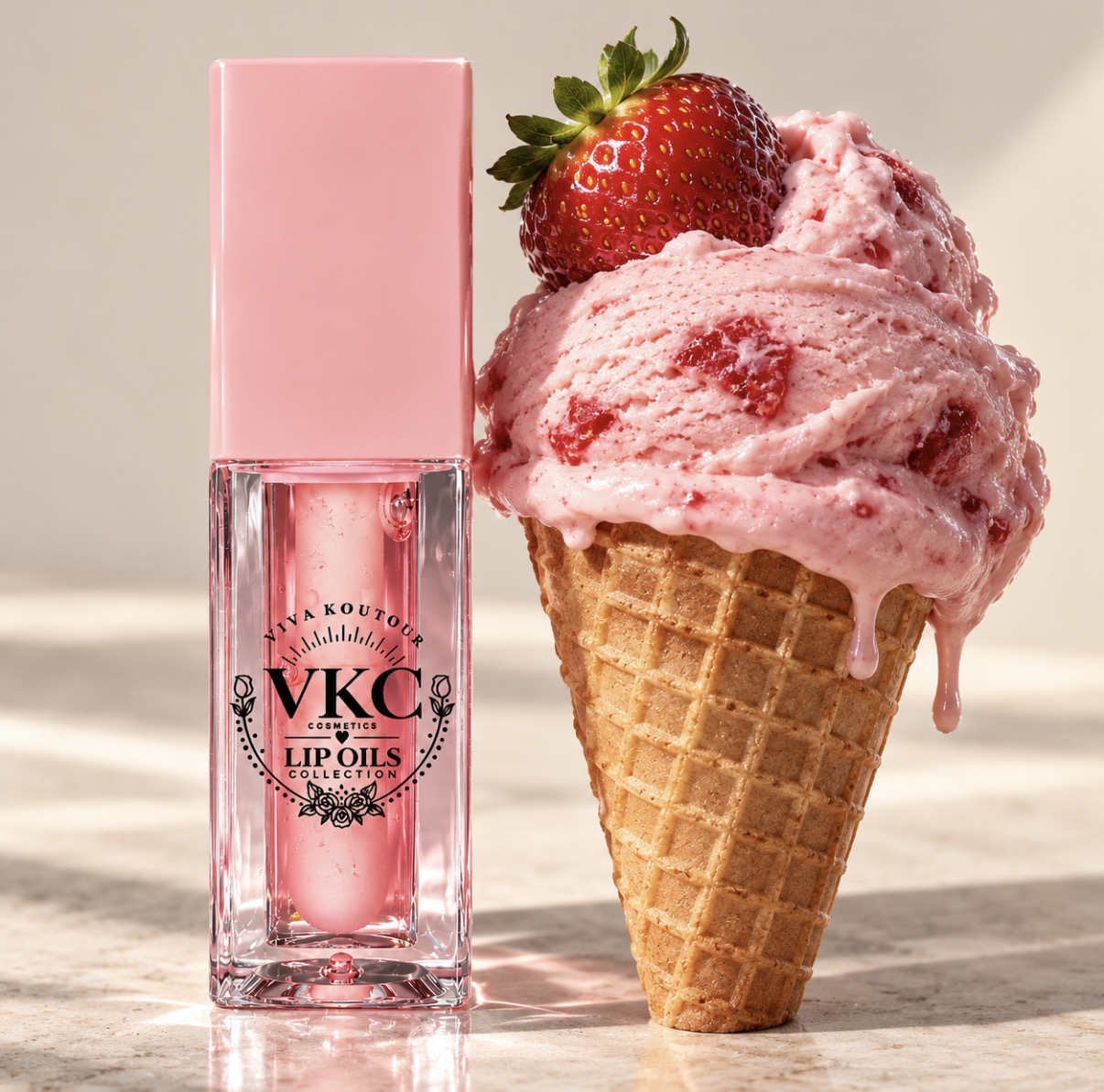 VKC strawberry lip oil beside a strawberry ice cream cone