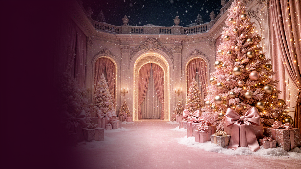 A pink Christmas palace with glowing trees and wrapped presents